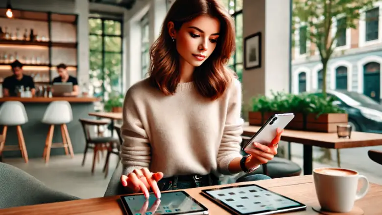 20代の女性がカフェでiPhoneとiPadを使っている様子。共有利用を表現した現代的でおしゃれなシーン。