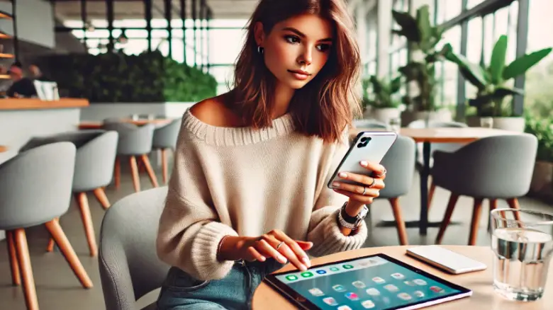 20代の女性がモダンなカフェでiPhoneとiPadを同時に使っている様子。デジタル機器の共有やライフスタイルをイメージした写真。