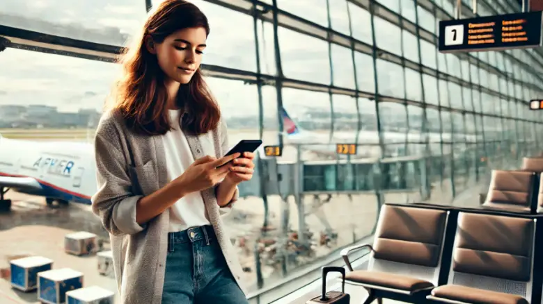 空港でモバイルバッテリーの充電状況をスマホで確認している20代の女性