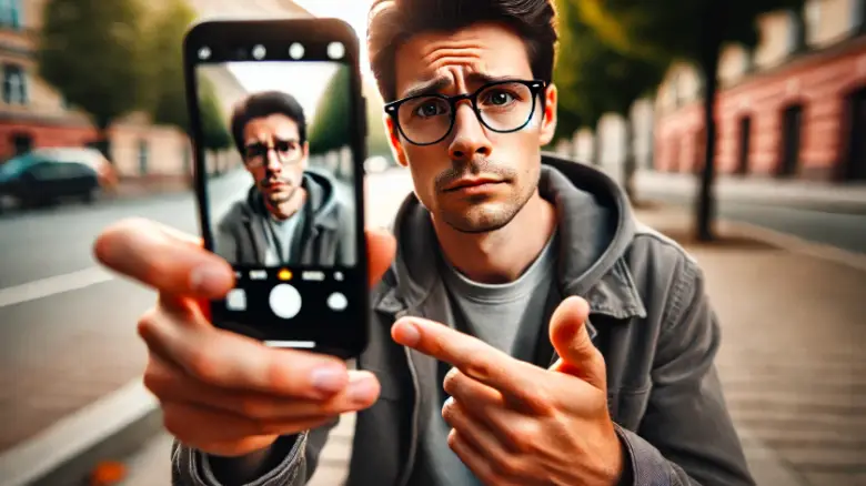 iPhoneの画面を見ながら、写真がぼやけていることを確認する男性。日中の街中でのシーン。