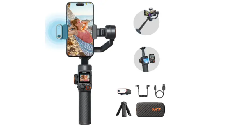 hohem M7のスマホ用3軸ジンバルスタビライザーとアクセサリー一式、AIトラッキング機能付きリモコン搭載モデル