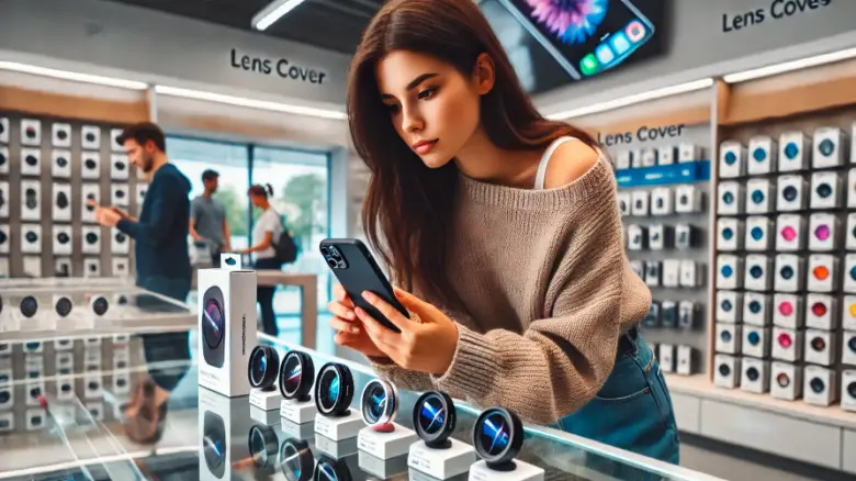 iPhoneレンズカバーをショップで見ている20代女性の写真。ガラスケース越しにスマートフォンアクセサリーを手に取っている様子。