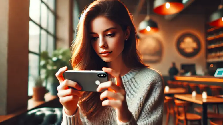 20代の女性がiPhoneカメラの設定で背景をぼかす調整をしている様子。カフェまたは庭のような場所で撮影。