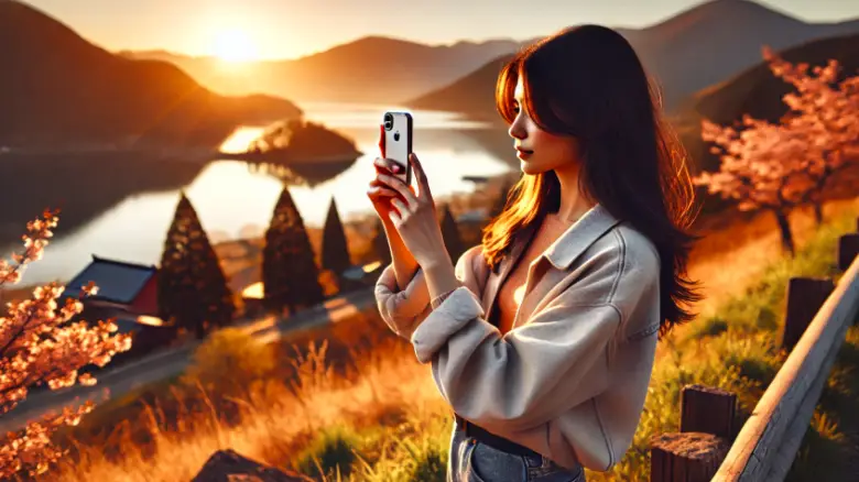 20代の女性がiPhoneで春の景色を撮影している様子。夕日の中で自然を背景にしている