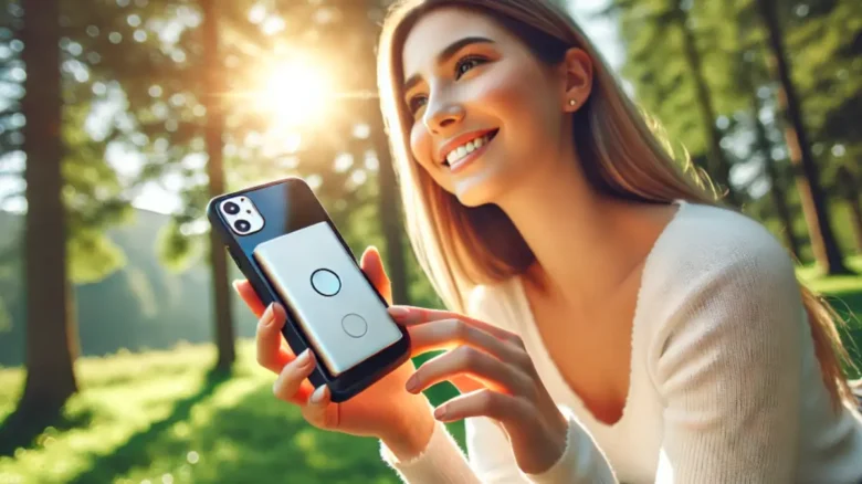 「公園でiPhoneにMagSafe対応モバイルバッテリーを装着して使う20代女性」