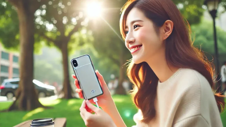 「公園でiPhoneにMagSafe対応モバイルバッテリーを装着して使用する笑顔の女性」