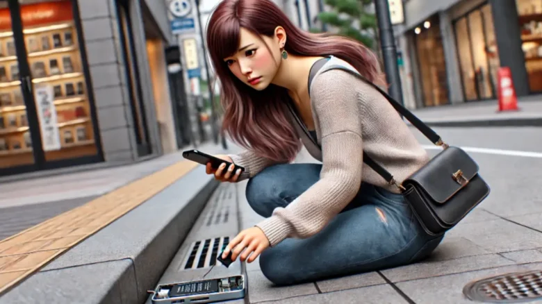 モバイルバッテリーを落とした後、状態を確認する20代の日本人女性