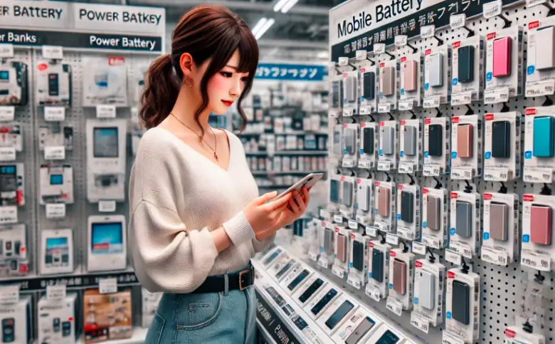 電気屋でモバイルバッテリーを選ぶ20代の日本人女性