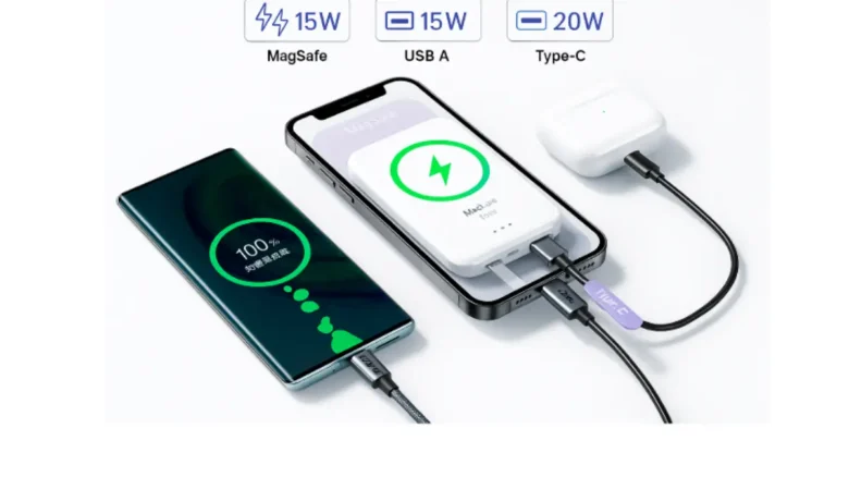 モバイルバッテリーでスマートフォンとワイヤレスイヤホンを同時に充電している様子