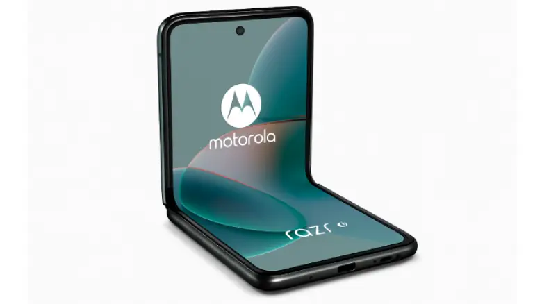 モトローラ Razr 40 折りたたみスマートフォン(セージグリーン)をL字に開いた状態
