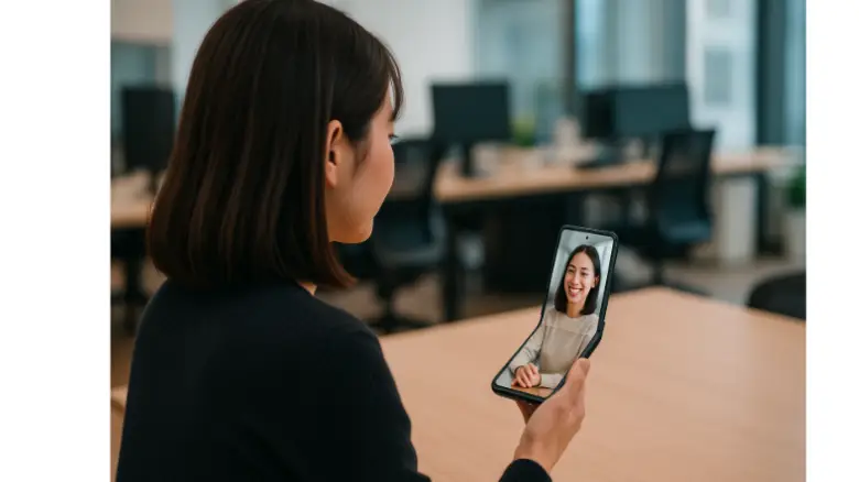 Motorola Razr 40を使ってオフィスでビデオ通話をする20代女性の後ろ姿