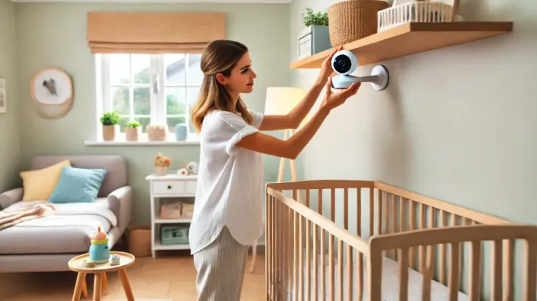 ベビーベッドのある子供部屋でカメラを取り付ける若い女性