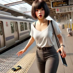 駅のホームでスマホとモバイルバッテリーを落として驚く20代の日本人女性