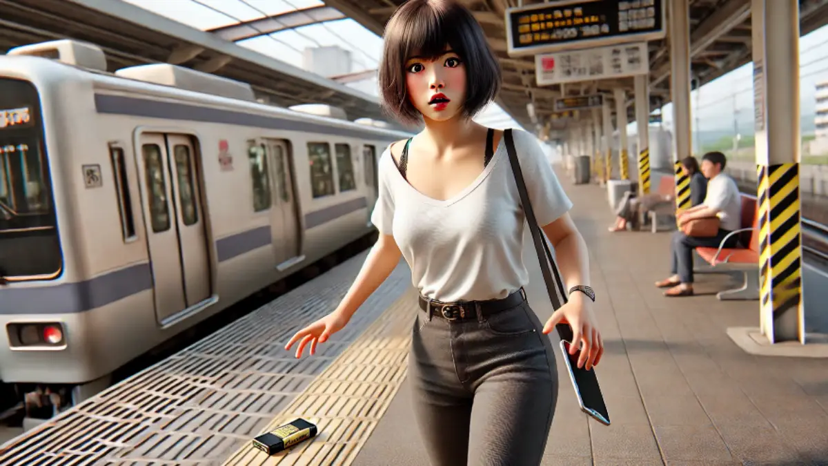 駅のホームでスマホとモバイルバッテリーを落として驚く20代の日本人女性