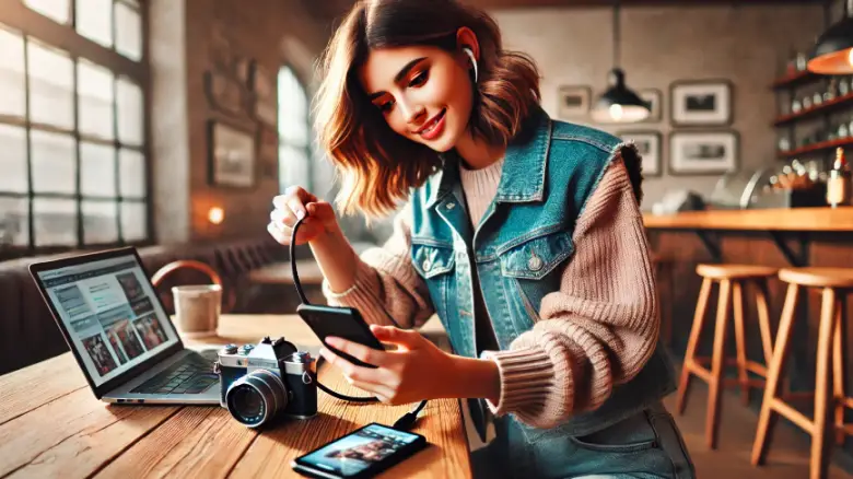 20代女性がカフェでデジタルカメラとスマートフォンを接続して写真を転送している様子