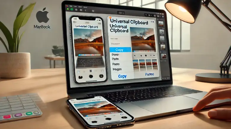 iPhoneでコピーした画像をMacBookへ貼り付けている様子。Appleのユニバーサルクリップボード機能を表現したイメージ。
