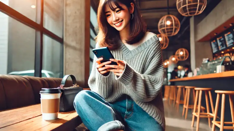カフェで中古スマホを使ってInstagramを観る20代女性