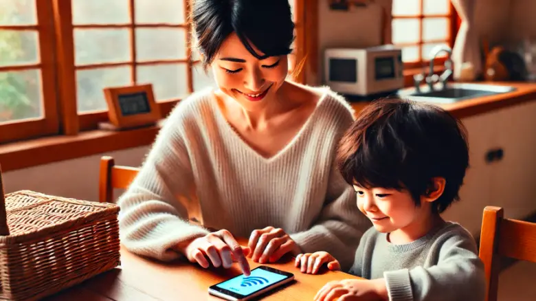 30代の母親が子供のために中古iPhoneにWi-Fi設定をしている様子
