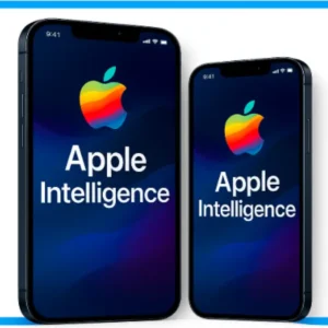 Apple Intelligenceが表示された2台のiPhone（大・中サイズ）が白背景に配置されたプロモーション用画像