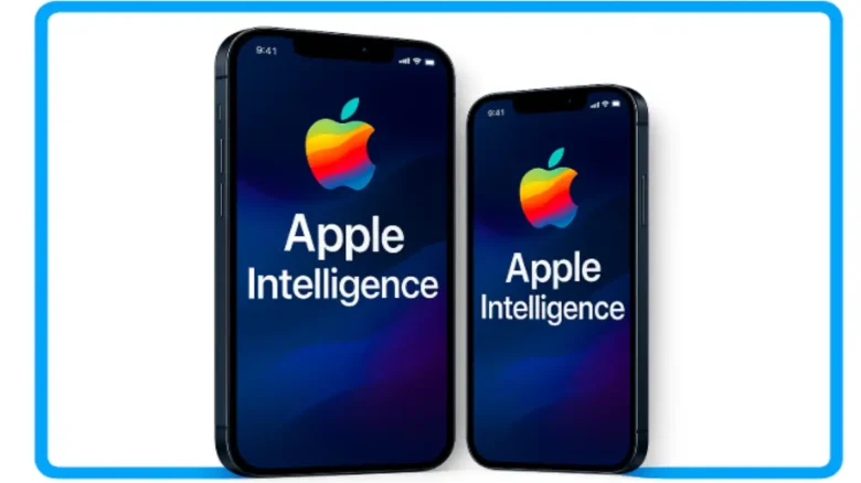 Apple Intelligenceが表示された2台のiPhone(大・中サイズ)が白背景に配置されたプロモーション用画像