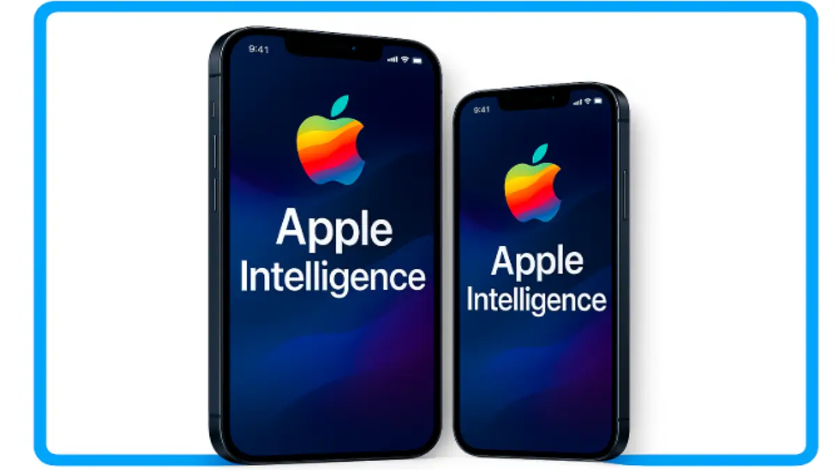 Apple Intelligenceが表示された2台のiPhone（大・中サイズ）が白背景に配置されたプロモーション用画像