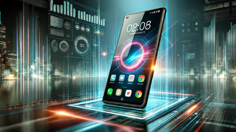 先進的なデザインのArrowsスマートフォンが横向きに表示されている近未来的なイメージ
