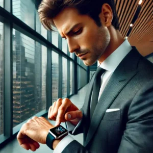 Apple Watchの電源をオフにしているスーツ姿の30代ビジネスマンがオフィスに立っている様子※Apple Watch 電源オフ 手順