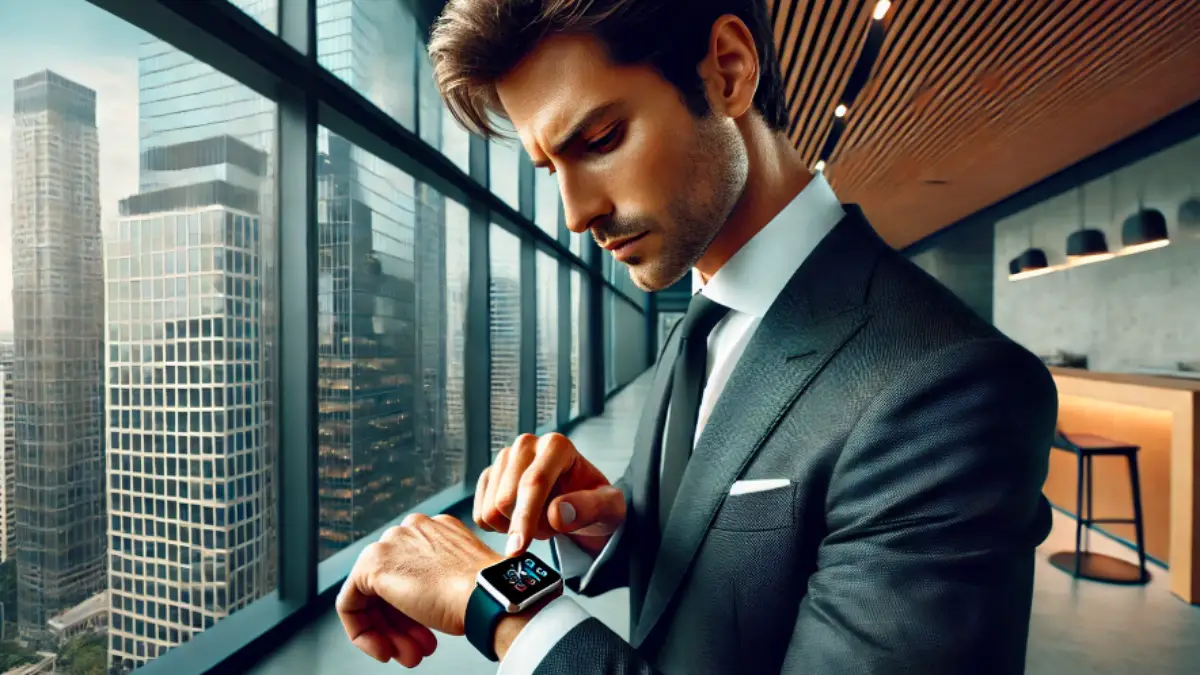 Apple Watchの電源をオフにしているスーツ姿の30代ビジネスマンがオフィスに立っている様子※Apple Watch 電源オフ 手順