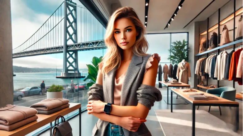 アパレルショップでApple Watchを着用したモデル風の20代女性とベイブリッジの景色Apple Watch 電源オフ 手順