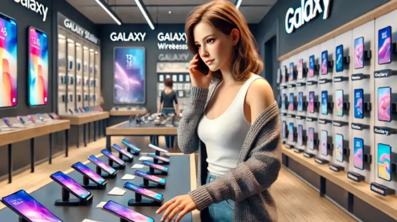 Galaxyショップでワイヤレス充電対応機種を探している20代の女性
