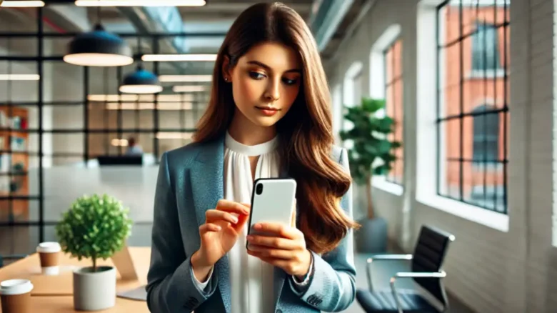オフィスでiPhoneを逆に持ち、Apple Intelligenceを使わない選択を示す20代女性