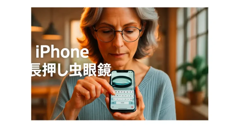 iPhoneの拡大鏡アプリを使って小さな文字を確認するシニア女性のイメージiPhone 長押し虫眼鏡
