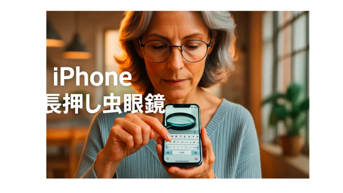 iPhoneの拡大鏡アプリを使って小さな文字を確認するシニア女性のイメージiPhone 長押し虫眼鏡