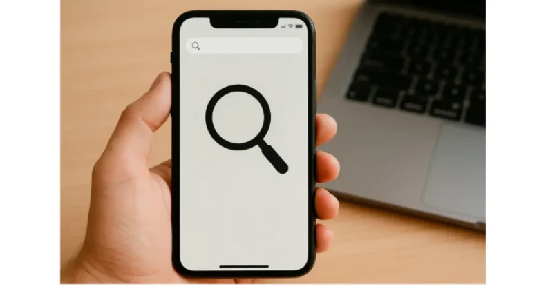iPhoneの拡大鏡アプリで文字を読むシニア女性のイメージ