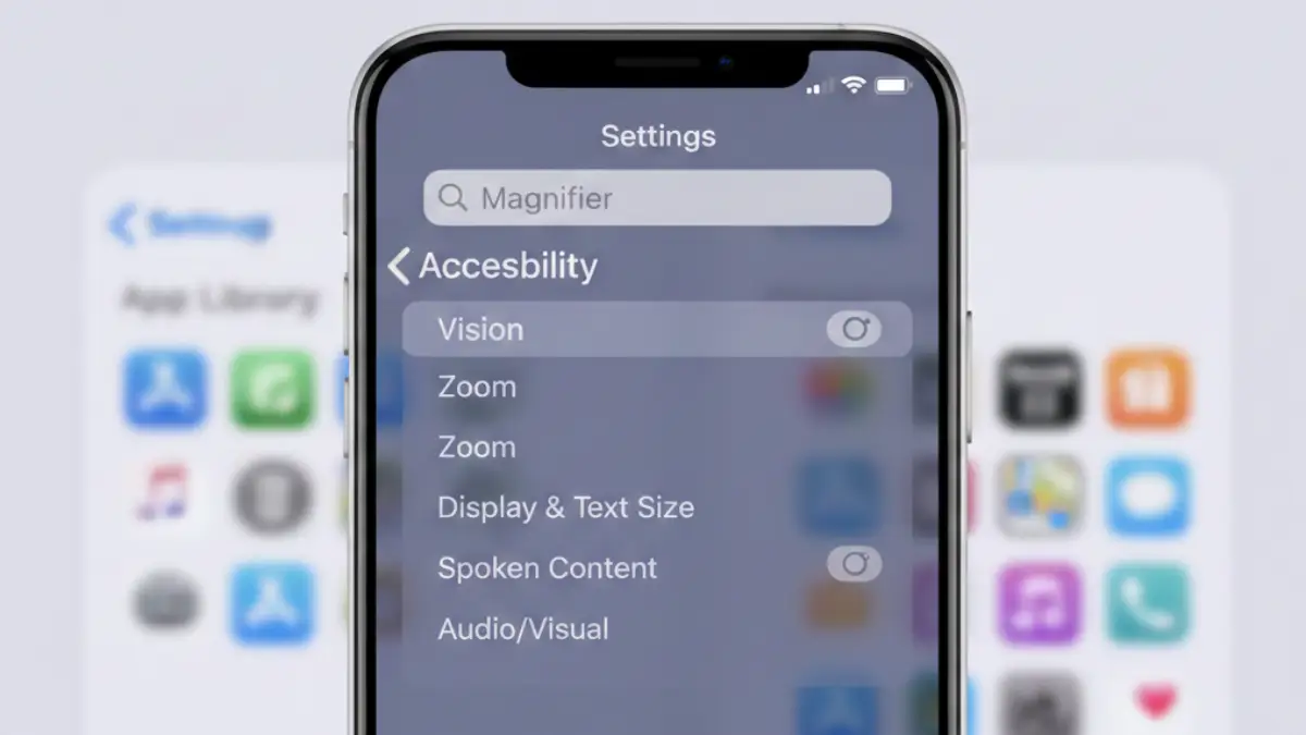 iPhone 長押し虫眼鏡が出ない原因確認イメージ iPhoneで長押ししても虫眼鏡(拡大鏡)が表示されず、設定を確認している画面のイメージ