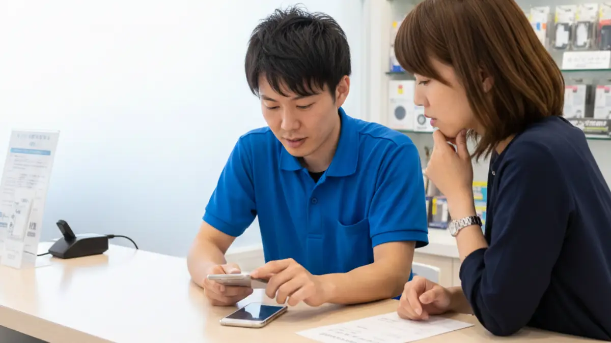 iPhone14の修理サポートについて相談し、修理か買い替えかを検討している人物のイメージ