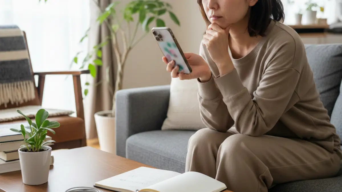 iPhone14のアップデートや修理期限が気になり、買い替えを迷っている人物のイメージ