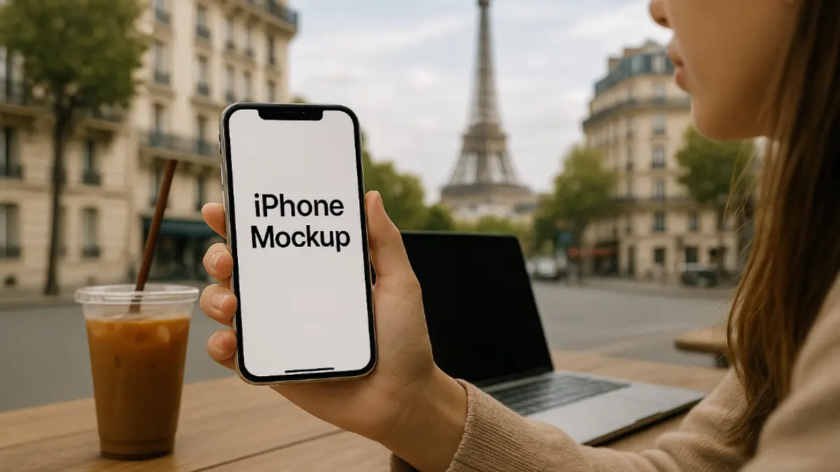 パリのカフェでiPhoneスマホ​持つ​20代女性。iPhone16とiPhone15の比較