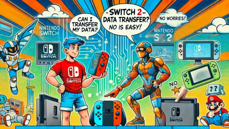 ニンテンドースイッチ2でのデータ移行を説明する漫画風のサムネイル画像。旧スイッチと新型スイッチ2を持つキャラクターが吹き出しで会話している。