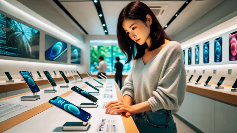 家電ショップでiPhone16eをチェックするカジュアルな20代女性