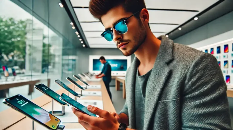 ショートヘアで青いレンズのサングラスをかけた20代男性が、家電量販店で新しいiPhoneを見ている様子