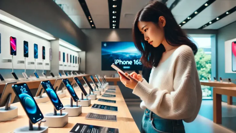20代の日本人女性が家電量販店でiPhone16eを見ている様子