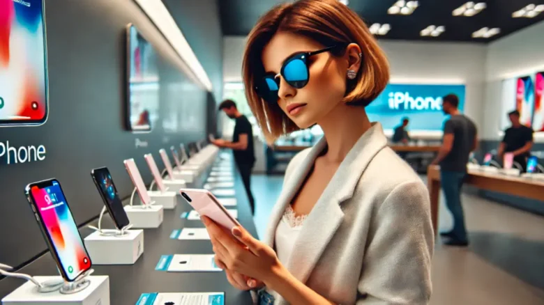ショートカットで青いレンズのサングラスをかけた20代女性が、家電ショップで新しいiPhoneを見ている様子