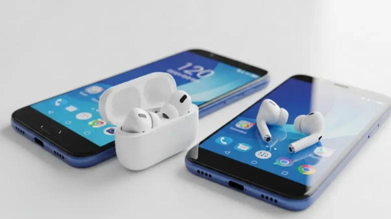 AirPodsとAndroidスマートフォンの接続イメージ。白いAirPodsケースとイヤホンが、Androidスマートフォンの隣に置かれている様子。