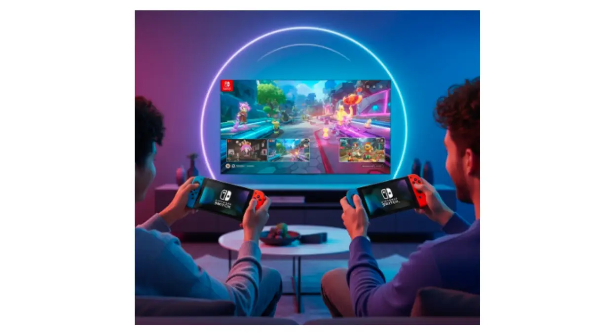 横長画面でNintendo Switch2の画面分割プレイを楽しむ2人