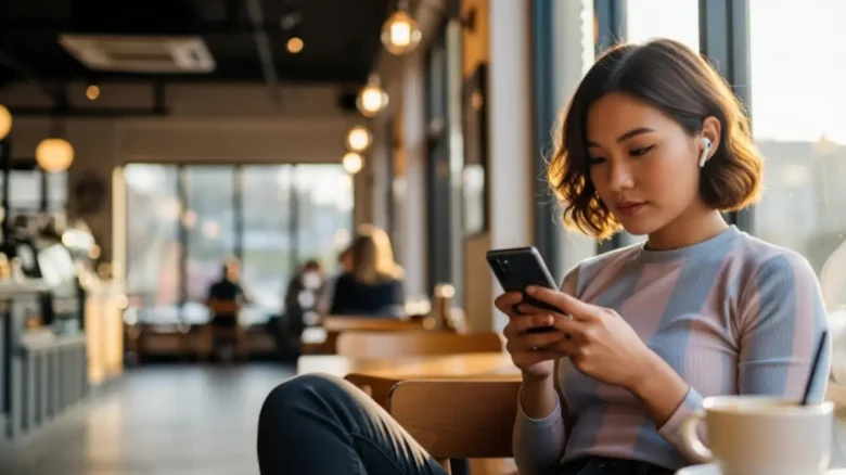 カフェでAirPodsとAndroidスマホを使う20代アジア人女性