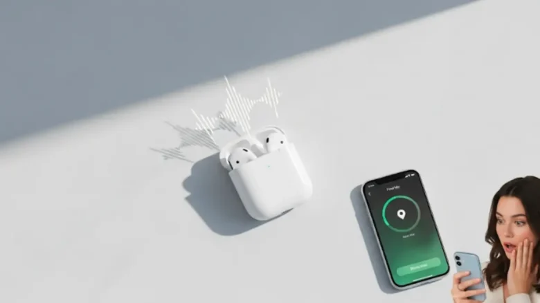 驚いた表情でiPhoneの「探す」アプリを確認する女性と、音波アイコンが出ているAirPods充電ケース「AirPods 変な音 キュルキュル