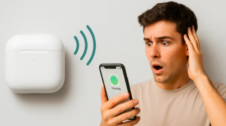 AirPodsの充電ケースが音を発している様子と、iPhoneの「探す」アプリを確認して驚く人物「AirPods 変な音 キュルキュル