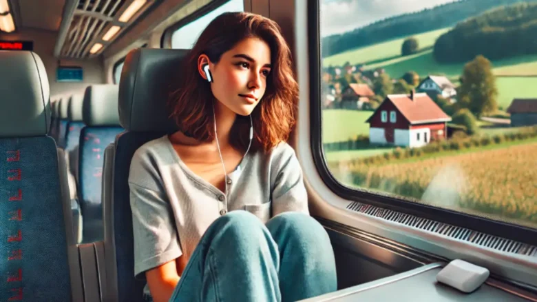 田舎を走る電車の中で、AirPodsを使って音楽を楽しむ20代女性のリラックスした姿