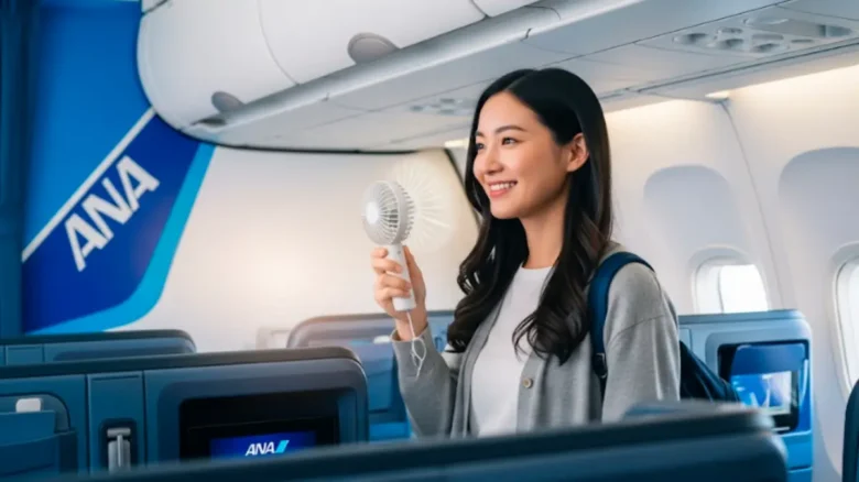 ANAの機内にハンディファンを持ち込むアジア人女性